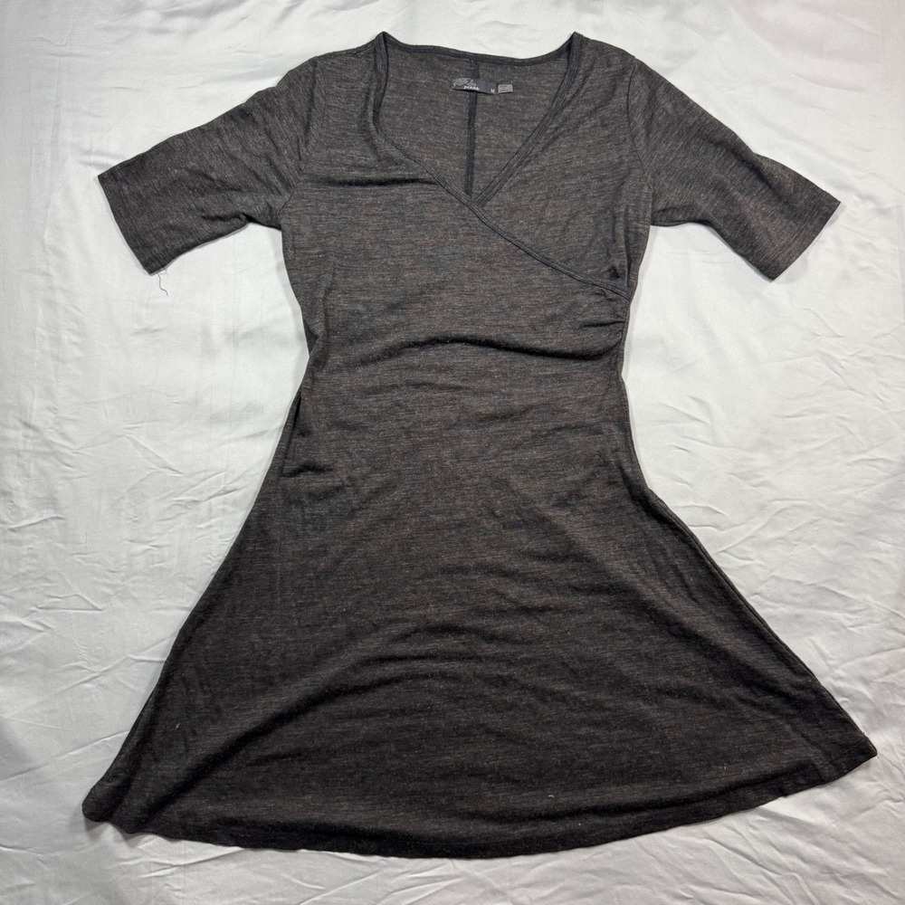 Prana Nadia Faux Wrap Dress Women's M Wool Blend Gray V Neck 3/4 Sleeve Stretch